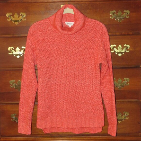 Candace Cameron Bure Sz XXXS Coral Orange Step Hem Long Sleeve Turtleneck Cowl - Picture 2 of 14